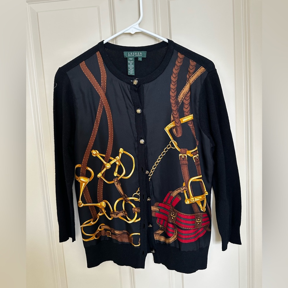 Beautiful silk front cardigan with equestrian motifs